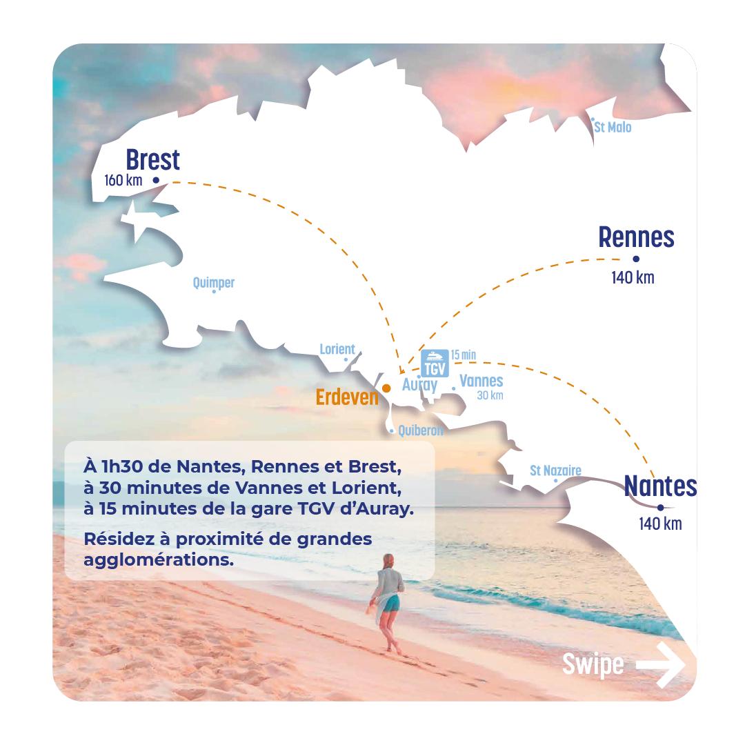 Medic Cab Maison de santé Daniel à Erdeven. Erdeven est situé à 150km de grandes villes comme Brest, Rennes ou Nantes et à 15 minutes de la gare TGV de Vannes